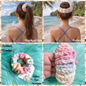 Handmade Crochet VELVET Pastel Beach Sunset Hair Scrunchie PinkRainCloud